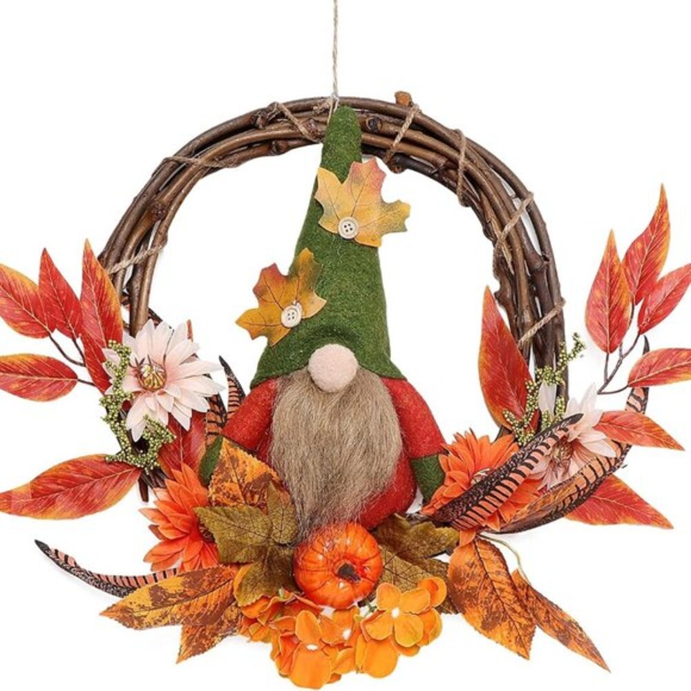Fall Wreath with Plush Gnome, 15 Inch‎ Artificial Grapevine Wreath with Flowers
